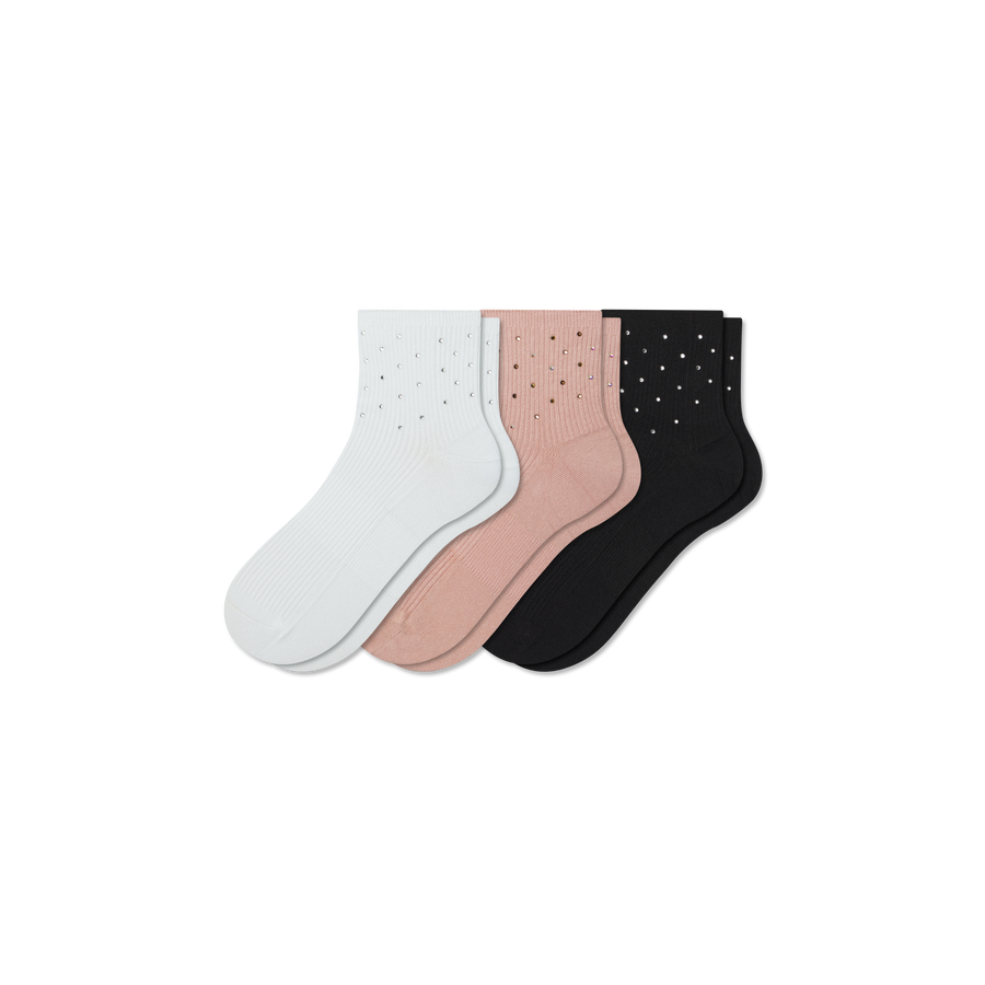 Women’s Rhinestone Rib Quarter Sock 3-Pack - Weekend Shift Comfort